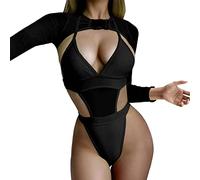Generisch 2025-2 Pieces Women's Rave Outfits Neon Body Crop Top Long Sleeve Mesh with Buckle for Festival Club Party Underwear Women's Sexy, black, XS