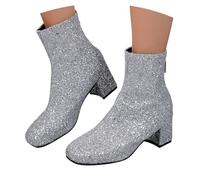 Generisch 2025 British Style Solid Color Sequin Decoration Thick Heel Zipper Short Boots Shoes Women Work Shoes Winter, silver, 9 UK