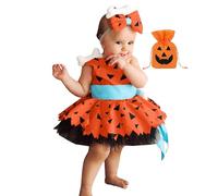 Generisch 2025 Caveman Costume with Candy Bag Girls Halloween Dog Bone Historical Cave Girl Mesh Dress Princess Cosplay Outfits Summer Girls 146 (Orange 6-12 Months)
