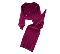 Generisch 2025 Fashion Knitted Dress Two Piece Pullover Top Dress Bodycon 2-Piece Set Pullover Midi Dress Knitted Dress Set Women's Tie, red, One Size