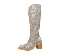 Generisch 2025 Glitter Knee High Boots Party Dress Shoes Chunky Heel Comfortable Casual Dance Boots for Women Stylish Shiny Evening Wear Heel Protector For Shoes Women, gold, 9 UK