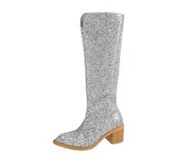 Generisch 2025 Glitter Knee High Boots Party Dress Shoes Chunky Heel Comfortable Casual Dance Boots for Women Stylish Shiny Evening Wear Heel Protector For Shoes Women, silver, 6 UK