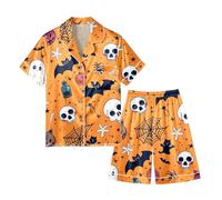 Generisch 2025 Halloween Men's Pajama Set Halloween Fashion Print Short Sleeve Button Down Shorts, orange, L
