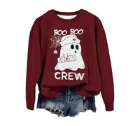 Generisch 2025 Halloween Pullover Thin Hoodie with Crew Neck and Halloween Print for Women Flame Pullover, Wine Red, XL