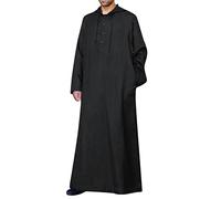 Generisch 2025 Hooded Sleeves Casual Thobe Solid Men's Long Jubba Button Robe Men's Blouse Satin Shirt Men, black, 3XL