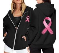 Generisch 2025 Hoodie Women's Hoodie with Zip, Fleece Jumper, Breast Cancer Awareness Month, Long Sleeves, Pocket, Drawstring, Casual Sweatshirt for Everyday Use, black, L