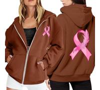 Generisch 2025 Hoodie Women's Hoodie with Zip, Fleece Jumper, Breast Cancer Awareness Month, Long Sleeves, Pocket, Drawstring, Casual Sweatshirt for Everyday Use, brown, 3XL