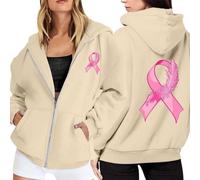 Generisch 2025 Hoodie Women's Hoodie with Zip, Fleece Jumper, Breast Cancer Awareness Month, Long Sleeves, Pocket, Drawstring, Casual Sweatshirt for Everyday Use, beige, M