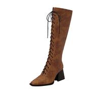 Generisch 2025 Leopard Print Pointed Front Lace Up Side Zipper Thick High Heels Long Boots Business Shoes Women Heel, brown, 8.5 UK