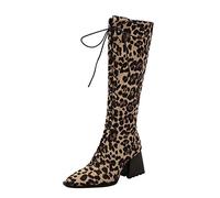 Generisch 2025 Leopard Print Pointed Front Lace Up Side Zipper Thick High Heels Long Boots Business Shoes Women Heel, yellow, 8.5 UK