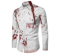 Generisch 2025_ Male Halloween Shirt Blood Handprint Personalised Festive Scared Blood Scarred Long Sleeve Button Down Shirt, White, M