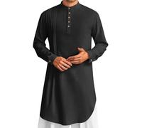 Generisch 2025 Men's Linen Long Sleeve Kaftan Thobe Long Dress Shirt Robe Casual Muslim Dress Men's Shirt Coaster, black, M