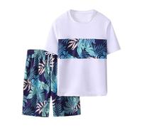 Generisch 2025 Summer Short Sleeve Rash Guard Swimsuit Leaves Print Surf Beach Pool Boy Swim Shorts 68, Green, 16-17 ans