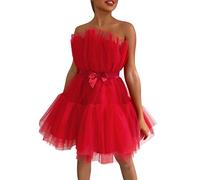 Generisch 2025 Tulle Dress Women's Short Puffy Prom Dress Strapless Mesh Birthday Fairy Dresses Ruffle Cocktail Party Poofy Gown Photo Shooting Mesh Dress Women, red, XL
