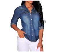 Generisch 2025 Vintage Washed Women's Long Sleeve Denim Shirt in Classic Retro Style Red Blouse Women, darkblue, M