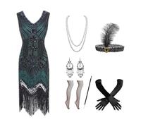 Generisch 2025 Women's 1920s Dresses with Fringe Heavy Beads Sequins Dresses with Sequins Fancy Dress Costumes Women's 20s Dress Accessories Carnival Costume Anime Cosplay (Green, XXXXXL)