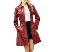 Generisch 2025 Women's Mid-Length Leather Jacket with Belt Long Sleeve British Windbreaker Leather Coat Women, red, L