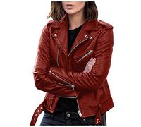 Generisch 2025 Women's Plus Size Fashion Faux Leather Jacket Long Sleeve Zip Fitted Faux Leather Coat Short Jacket Thin Coat Beautiful Ladies, Wine Red, 5XL