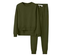 Generisch 2025 - Women's Solid Color Tracksuit Casual Loose Fit Velvet Lined Thickened Crew Neck Long Sleeve Two Piece Set Features: & Combinations For Women, Army Green, M