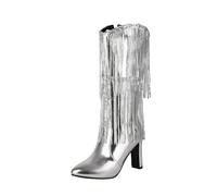 Generisch 2025 Women's Sparkly Pointed Ankle Boots with Block Heel Fringe Tassels Western Style, silver, 7 UK