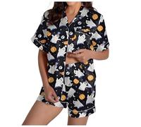 Generisch 2025 Women's Two Piece Outfits Short Sleeve Set V-Neck Shorts Teenage Girls Clothing Trend, black, XXL