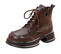 Generisch 2025 Women's Winter Round Toe Thick Sole V Mouth Lacing Low Women's Leather Boots High Heels Shoes Transparent, brown, 5 UK