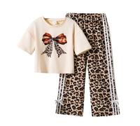 Generisch 2026 2 Piece Outfit for Little Girls, T-Shirt with Bow and Wide Leg Trousers and Leopard Print Summer Outfit Baby Boy, beige, 8-9 Jahre