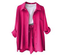 Generisch 2026 Casual Women's Long-Sleeved Shirt with Side Slits Practical Pocket as Versatile Basic for Spring Everyday Fashion Beach Outfits, Hot Pink, XXL