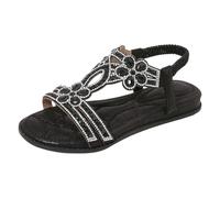 Generisch 2026 Comfortable Women's Sandals with Elastic Ankle Strap Crystal Flowers for Casual Bohemian Beachwear as well as Leisure, black, 9.5 UK