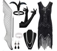 Generisch 2026 Halloween Costume Christmas Women's Flapper Dress 1920s Style Cocktail Dress with Lace Fringe 20s Accessories Set (Black, L)