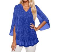 Generisch 2026 Loose Cut Blouse Double Layer Mesh with Flare Three-Quarter Sleeves Elegant Collar - Perfect for Summer Casual Fashion Outfits, blue, XXL