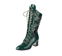 Generisch 2026 Medium Length Boots for Women for Spring Summer 2025 Cool Boots with Sequins Women's Boots in European American Style Large with Thick Heel Lace Hollow, Green, 9 UK