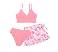 Generisch 2026 Toddler Girls 3-Piece Swimsuit Plain Bikini Rullfe Swimsuit Briefs Girls Bikini Set Swimsuit Teenager Girls, pink, 13- 14 Years