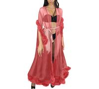 Generisch 2026 Tulle Robe Long Lingerie Nightdress Bathrobe Sleepwear Feather Bridal Robe Lingerie 2026, pink, One Size