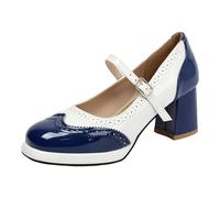 Generisch 2026 Two-Tone Mary Square Toe Chunky Heel Burnout Strap for Women - High Quality Patent Leather for Festive Occasions Dates, blue, 7 UK