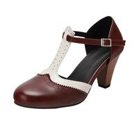Generisch 2026 Women's English Style Closed Toe Sandals Chunky Block Heel Adjustable T-Strap with Buckle Casual High Heels for Modern Casual Looks, Wine Red, 5 UK