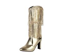 Generisch 2026 Women's Sparkly Pointed Ankle Boots with Block Heel Fringe Tassels Western Style, gold, 7 UK