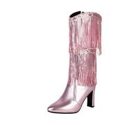 Generisch 2026 Women's Sparkly Pointed Ankle Boots with Block Heel Fringe Tassels Western Style, pink, 7 UK