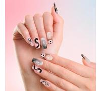Generisch 24 x Long Ballerina Shape False Nails with 3D Flower Design Pastel Colours and Gloss Effect Pink Black Embellishment