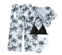 Generisch 4-Piece Girls' Swimsuit Set with Exotic Print Halterneck Bikini Fishnet Tights for Beach Holidays