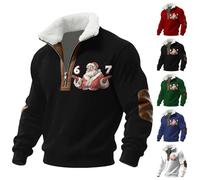 Generisch 67 Meme Christmas Jumper Men's SixSeven Funny Santa Claus Motif Fleece Half Zip Hoodie with Shearling Collar Leather Cuffs Warm Festive Autumn Winter Christmas Outfit, black, M