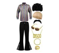 Generisch 9 Piece 70s Disco Costume Set Men's Hippie Costume Retro Outfit with Shirt, Flared Trousers, Wig, Belt, Glasses, Beard, Gold Chain, Hippie Carnival Costumes for Carnival Theme Party