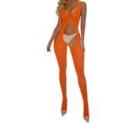 Generisch A European and woman with perforated stockings, tight mesh jacket, transparent opening, strappy jumpsuit and erotic underwear, orange, One size