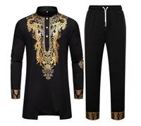 Generisch African Dashiki Suit Men's Two Piece Leisure Suit Middle East Arabic Costumes Stand-Up Collar Long Sleeve Dashiki Shirt Thobe with Trousers Muslim Prayer Clothing, black, XXL