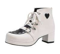 Generisch Ankle Boots Women's Chunky Block Heel Low Kitten Heel Square Toe Cap Ankle Boots Lace Up Zip Boots, White, 7 UK