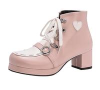 Generisch Ankle Boots Women's Chunky Block Heel Low Kitten Heel Square Toe Cap Ankle Boots Lace Up Zip Boots, pink, 5 UK