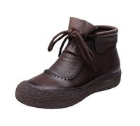 Generisch Ankle Boots Women's Flat Round Toe Short Boots Retro Handmade Leather Boots Thick Soft Sole Half Boots Non-Slip Lace-up Boots Warm Winter Boots Barefoot Snow Shoes, coffee, 4 UK