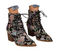 Generisch Ankle Boots Women's Half Boots Fashionable Faux Leather Embroidery Flowers Ankle Boots Lacing Platform Sole Winter Boots High Block Heel Ankle High Shoes For Festive Occasions, black, 5 UK