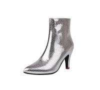 Generisch Ankle Boots Women's Short Boots Snake Skin Printed Metallic with Pointed Toe Stiletto Heel 20252025, silver, 6 UK