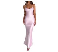 Generisch Backless Spaghetti Strap Dress Satin Sleeveless Midi Dress with Lacing Waist and Slimming Effect for Women Dress Summer, pink, S